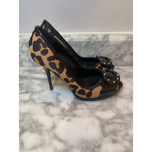 Y2K Bourne London Leopard Pony Hair Patent Leather Peep Toe Stiletto Heels Sz 37 - Picture 2 of 9
